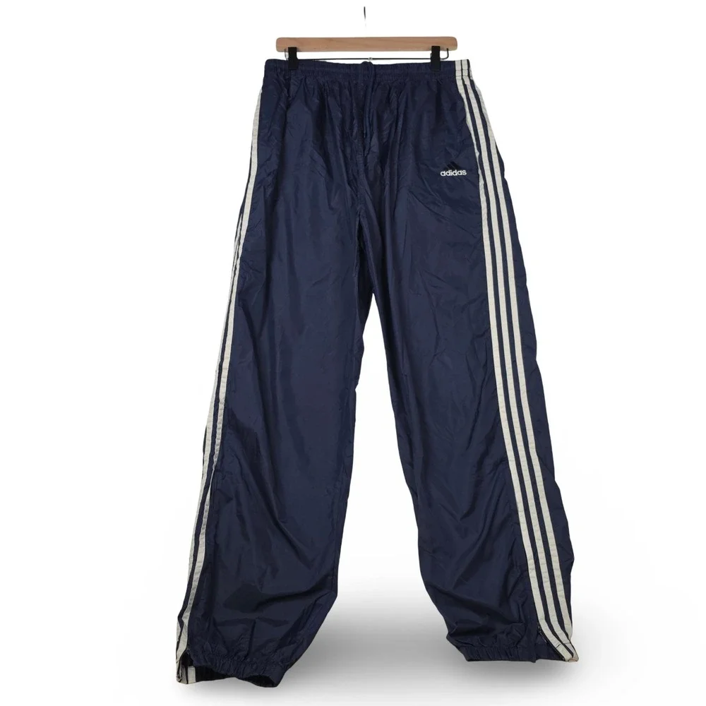 Vintage 90s Adidas Nylon Track‎ Pants Mens XL Navy Blue 3 Stripe Zip Ankle Gym